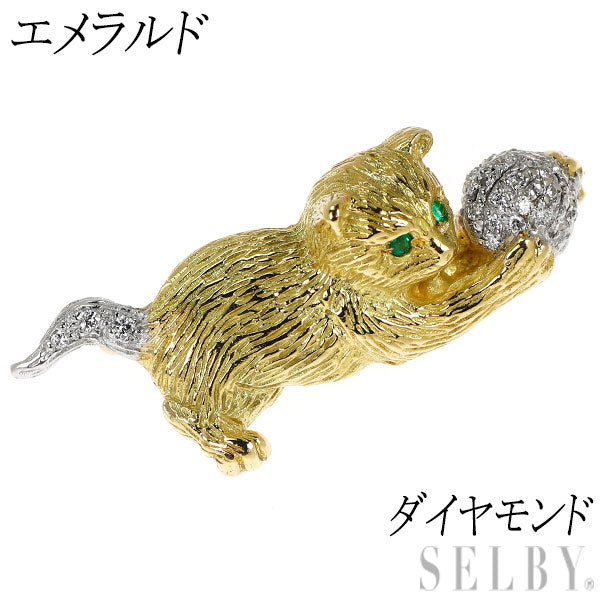 K18YG/WG エメラルド ダイヤモンド ブローチ 猫