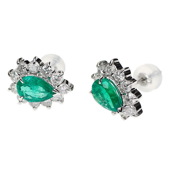Pt900 ペアシェイプ エメラルド ダイヤモンド ピアス 1.46ct D1.10ct