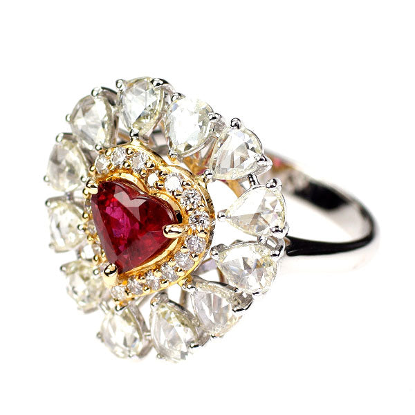 K18WG/YG ハートシェイプルビー ローズカット/ラウンドダイヤ リング 1.20ct D2.26ct