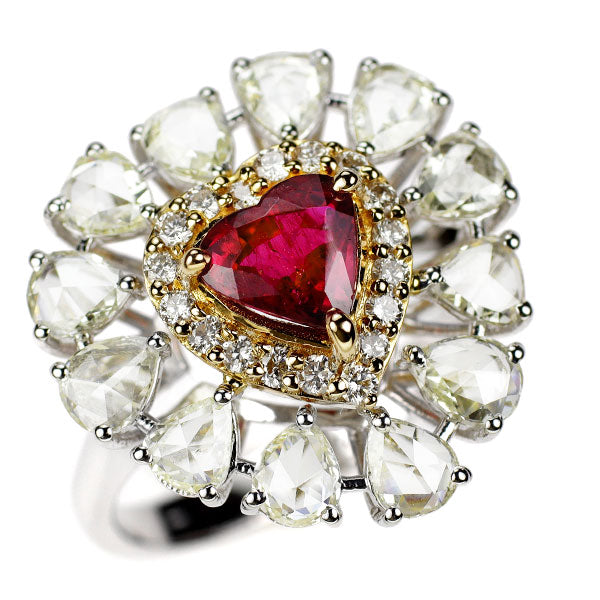 K18WG/YG ハートシェイプルビー ローズカット/ラウンドダイヤ リング 1.20ct D2.26ct