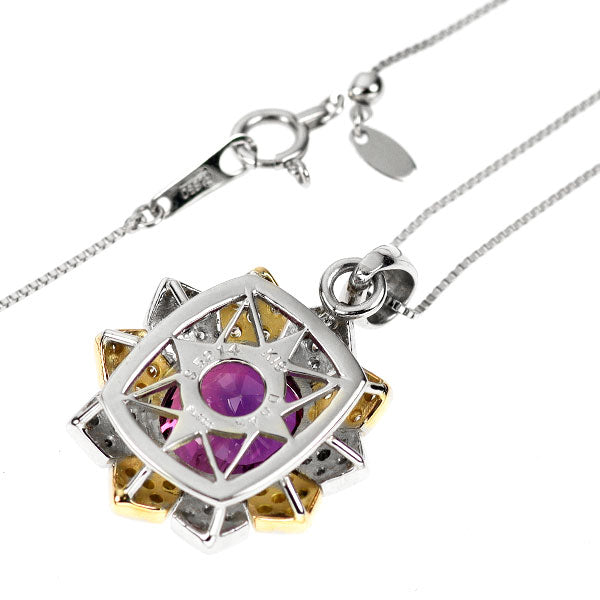 Pt900/ K18/ Pt850 パープル サファイア ダイヤモンド ペンダントネックレス 5.214ct 0.45ct フラワー