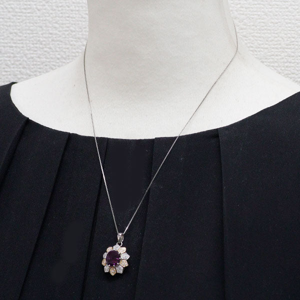 Pt900/ K18/ Pt850 パープル サファイア ダイヤモンド ペンダントネックレス 5.214ct 0.45ct フラワー