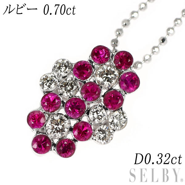 K18WG ルビー ダイヤモンド ペンダントネックレス 0.70ct D0.32ct フラワー