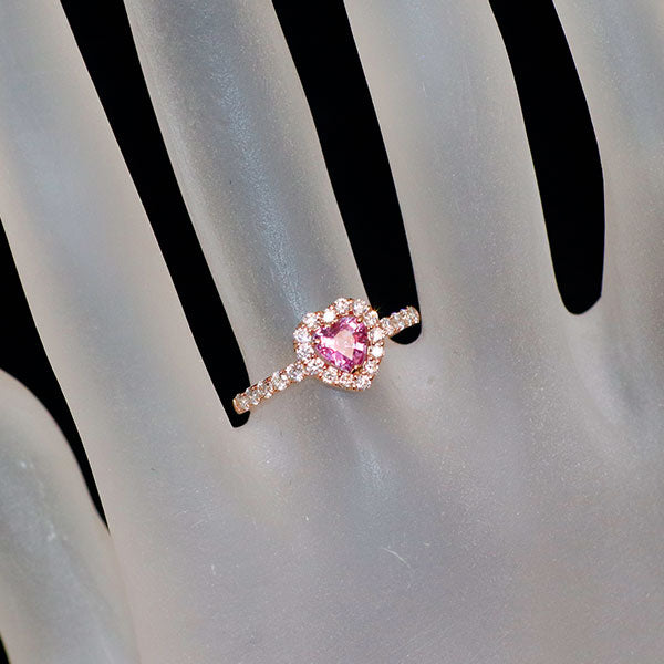 新品 K18PG ハートシェイプ パパラチアサファイア ダイヤモンド リング 0.60ct D0.42ct 【エスコレ】