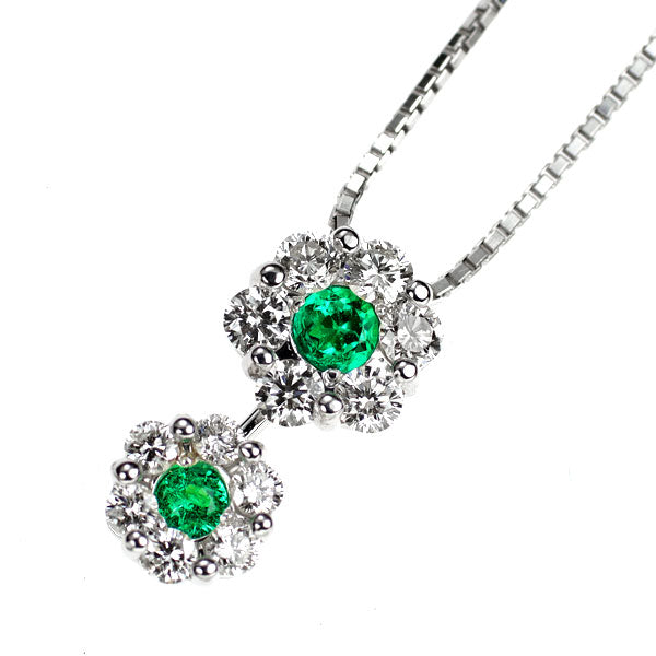 K18WG エメラルド ダイヤモンド ペンダントネックレス 0.18ct D0.53ct フラワー