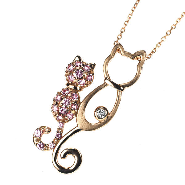 K18PG ピンクサファイア ダイヤモンド ペンダントネックレス 0.32ct D0.03ct 猫