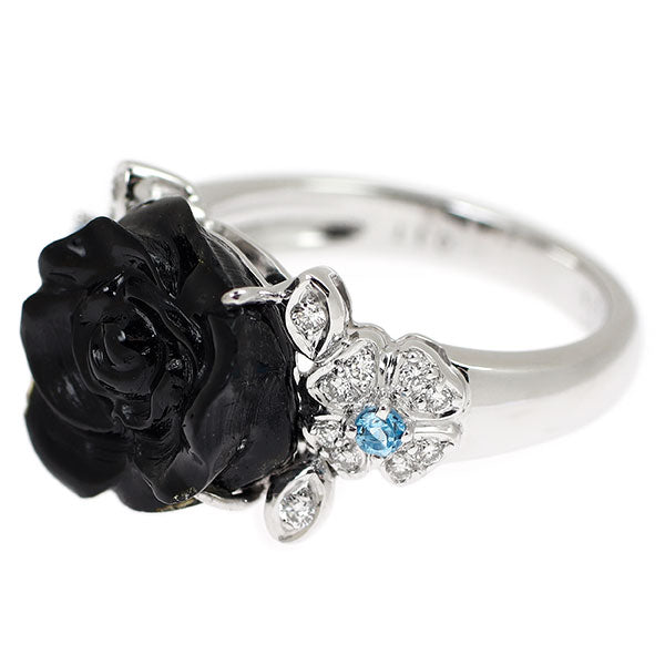 K18WG カービング トルマリン ブルートパーズ ダイヤ リング 6.77ct D0.17ct BT0.08ct 薔薇