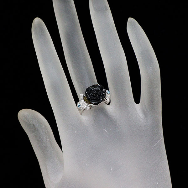 K18WG カービング トルマリン ブルートパーズ ダイヤ リング 6.77ct D0.17ct BT0.08ct 薔薇
