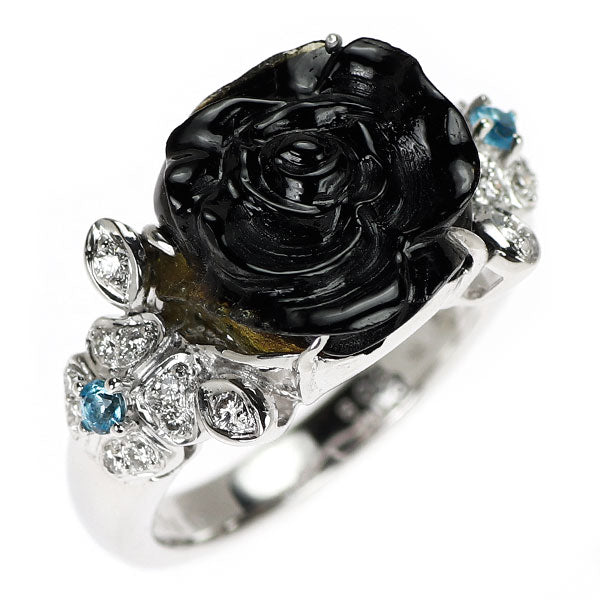 K18WG カービング トルマリン ブルートパーズ ダイヤ リング 6.77ct D0.17ct BT0.08ct 薔薇