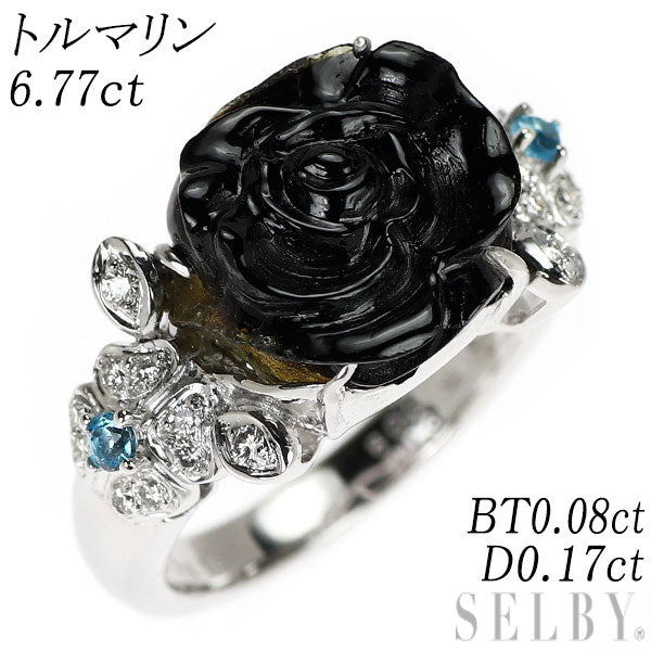 K18WG カービング トルマリン ブルートパーズ ダイヤ リング 6.77ct D0.17ct BT0.08ct 薔薇