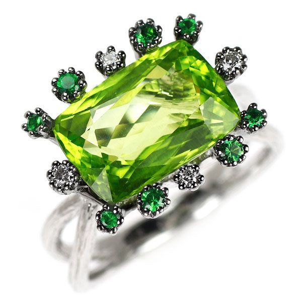 K18WG ペリドット グリーンガーネット ダイヤモンド リング 5.49ct G0.17ct D0.07ct