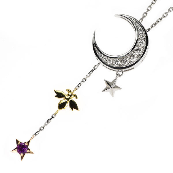 K18YG/PG/Pt900 Pt850 ダイヤモンド アメジスト ペンダントネックレス D0.32ct 0.15ct 月 星 蜂 昆虫