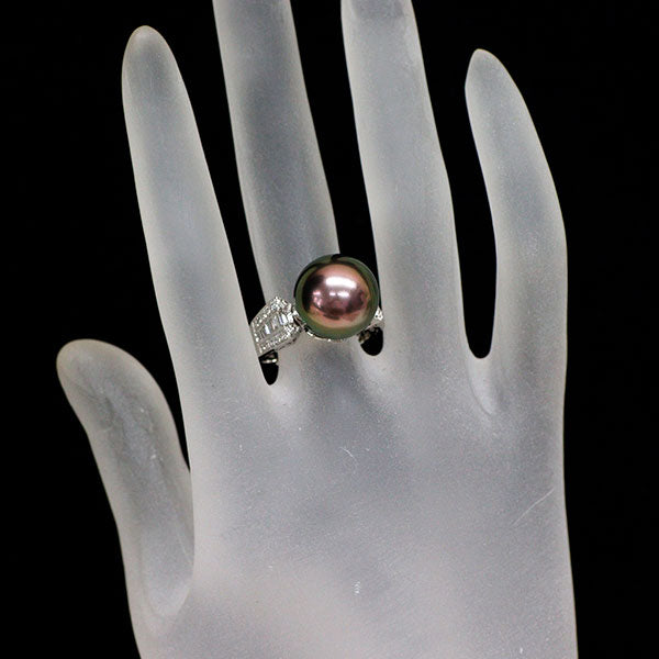 Pt900 オーロラピーコックグリーン黒蝶真珠 ダイヤモンド リング 径約 13.4mm D0.54ct