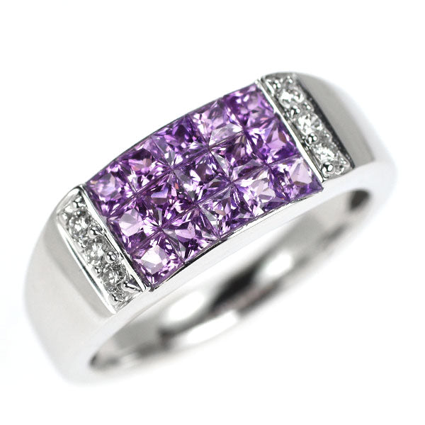 K18WG パープル サファイア ダイヤモンド リング 0.90ct D0.06ct ミステリーセッティング
