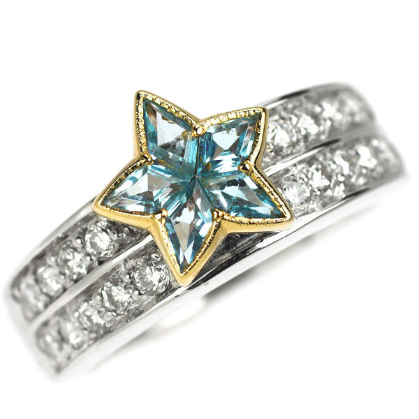 K18YG/WG ブルートパーズ ダイヤモンド リング 0.64ct D0.43ct  スター