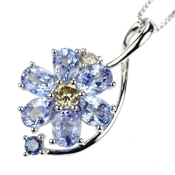 K18WG サファイア ダイヤモンド ペンダントネックレス 1.55ct D0.10ct フラワー