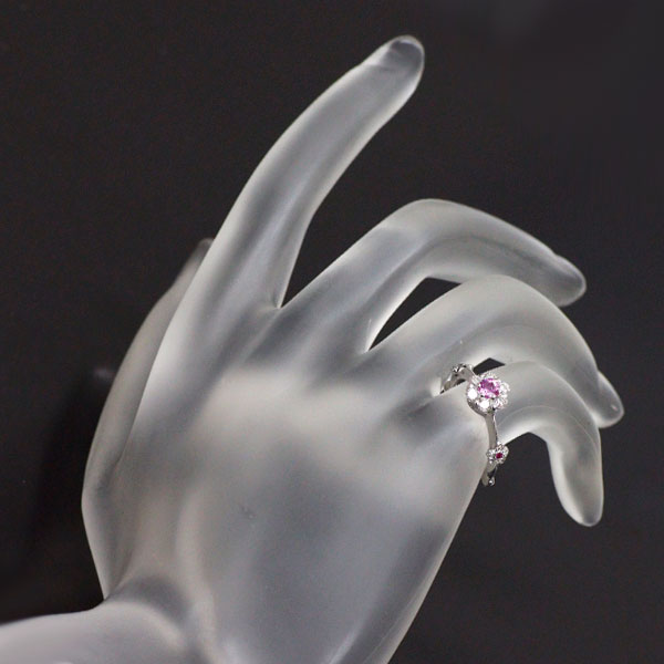 K18WG ピンクサファイア ダイヤモンド リング 0.25ct D0.38ct フラワー