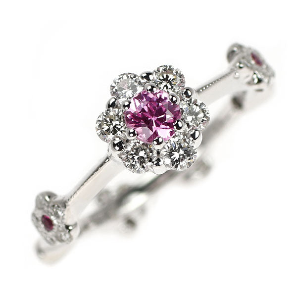 K18WG ピンクサファイア ダイヤモンド リング 0.25ct D0.38ct フラワー