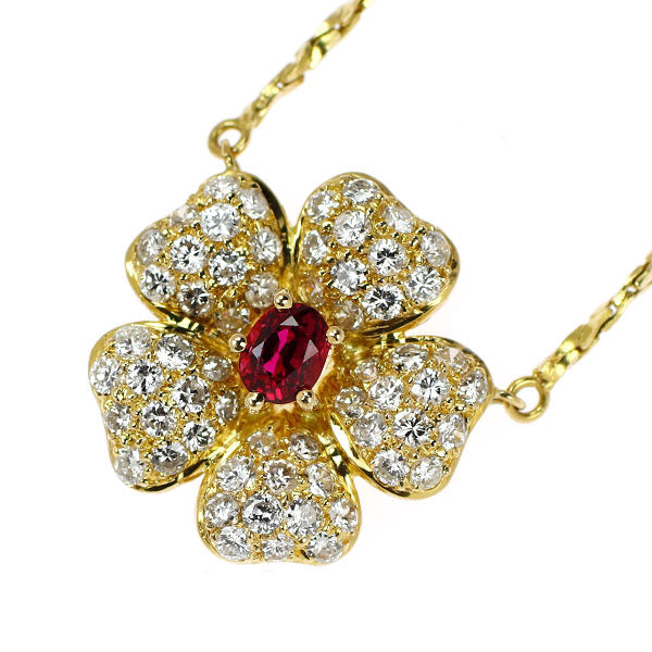 K18YG ルビー ダイヤモンド ペンダントネックレス フラワー