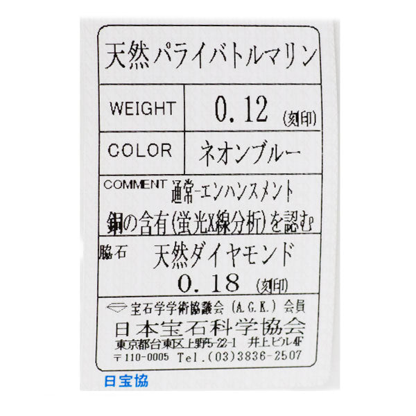 Pt900/ Pt850 パライバ トルマリン ダイヤモンド ペンダントネックレス 0.12ct D0.18ct