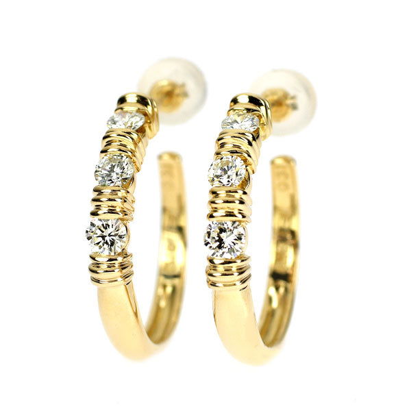 K18YG ダイヤモンド ピアス 0.62ct フープ スリーストーン