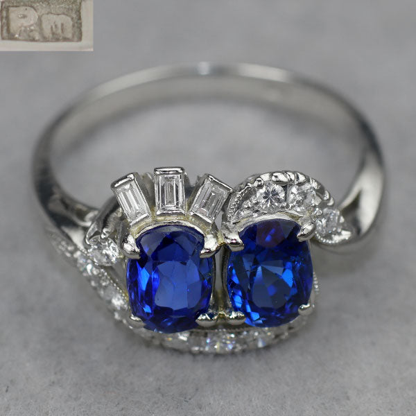 Pt900 ビルマ/ミャンマー産 非加熱 サファイア ダイヤモンド リング 陽刻ヴィンテージ製品 昭和レトロ彫金【ヒスコレ】