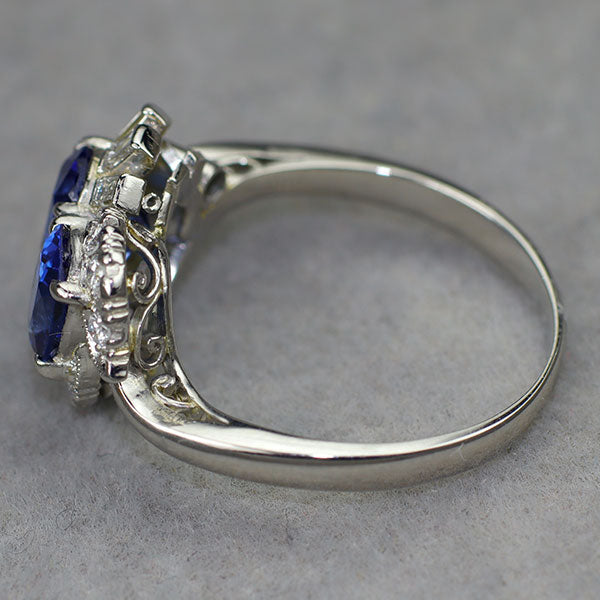 Pt900 ビルマ/ミャンマー産 非加熱 サファイア ダイヤモンド リング 陽刻ヴィンテージ製品 昭和レトロ彫金【ヒスコレ】