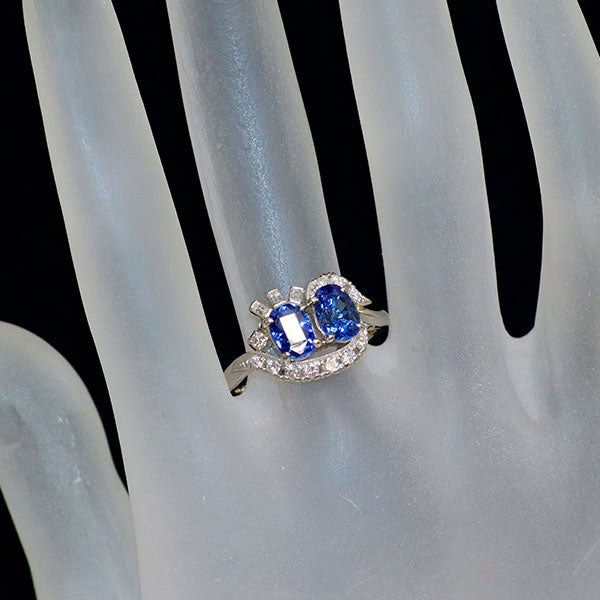 Pt900 ビルマ/ミャンマー産 非加熱 サファイア ダイヤモンド リング 陽刻ヴィンテージ製品 昭和レトロ彫金【ヒスコレ】