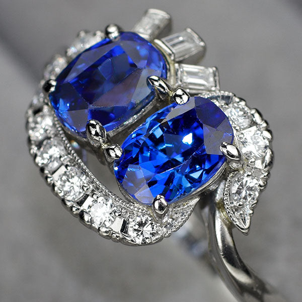 Pt900 ビルマ/ミャンマー産 非加熱 サファイア ダイヤモンド リング 陽刻ヴィンテージ製品 昭和レトロ彫金【ヒスコレ】