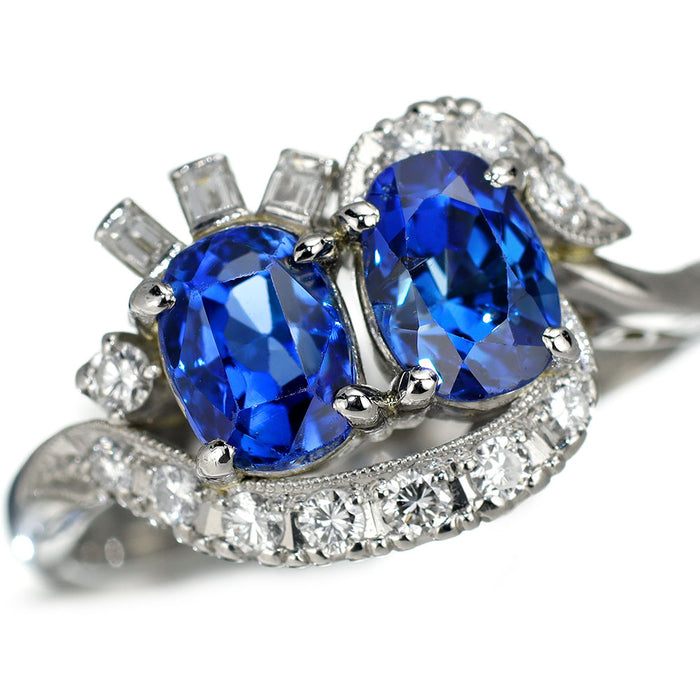 Pt900 ビルマ/ミャンマー産 非加熱 サファイア ダイヤモンド リング 陽刻ヴィンテージ製品 昭和レトロ彫金【ヒスコレ】