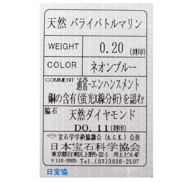 Pt900/ Pt850 パライバ トルマリン ダイヤモンド ペンダントネックレス 0.20ct D0.11ct