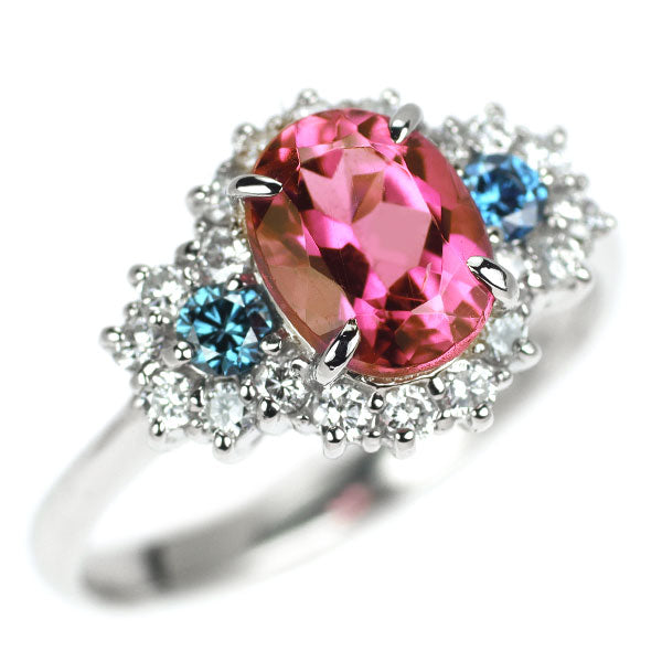 Pt900 ピンクトルマリン トリートブルー/カラーレス ダイヤモンド リング 1.27ct D0.45ct