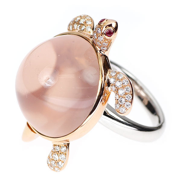K18WG/PG ローズクォーツ ルビー ダイヤモンド リング 27.50ct R0.03ct D0.35ct 亀  ホヌ