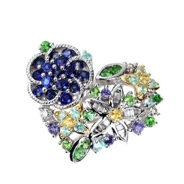 K18YG/WG ブルー/イエローサファイア ガーネット パライバトルマリン ダイヤ ペンダントトップ 0.57ct G0.20ct T0.13ct D0.12ct