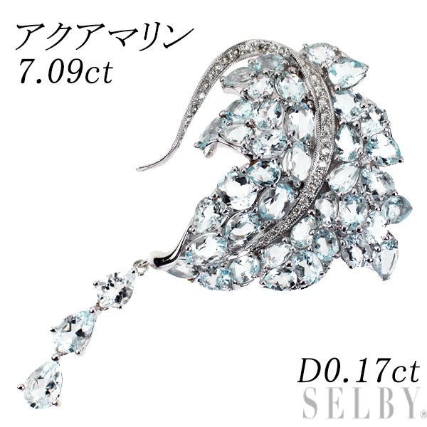 K18WG アクアマリン ダイヤモンド ブローチ 7.09ct D0.17ct