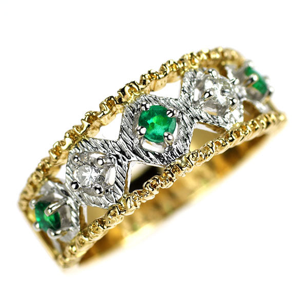 K18YG/Pt900 エメラルド ダイヤモンド リング 0.18ct 0.12ct
