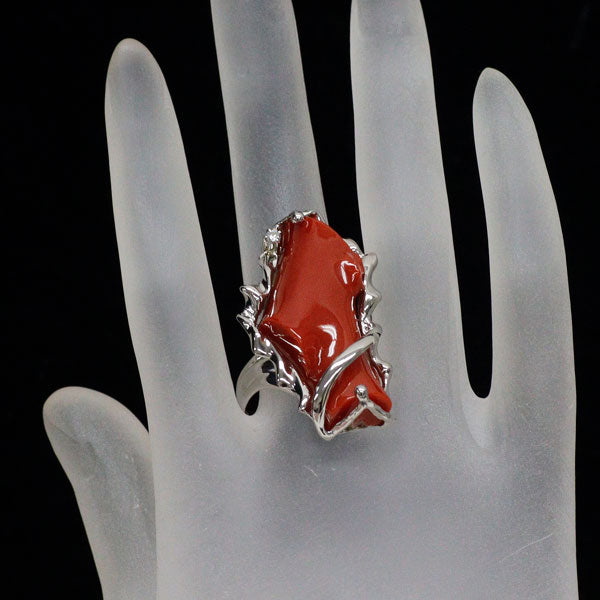 Pt900 珊瑚/サンゴ ダイヤモンド リング D0.05ct