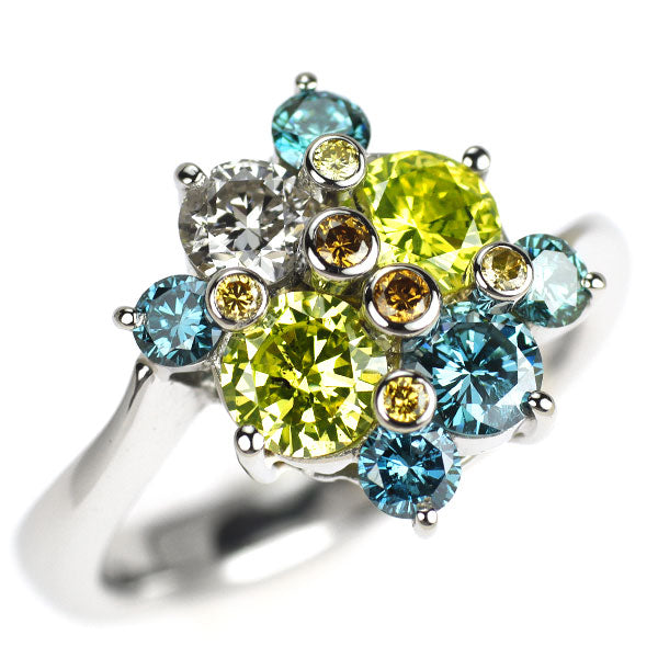 Pt900 トリート イエローグリーン/トリートブルー ダイヤモンド リング 1.96ct