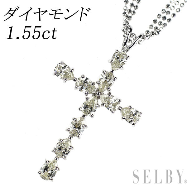 K18WG ペアシェイプ ダイヤモンド ペンダントネックレス 1.55ct クロス