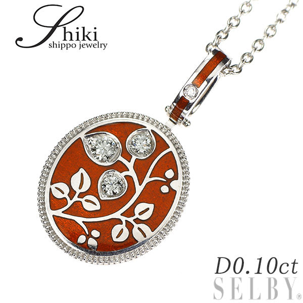 七宝ジュエリーShiki エナメル/ K18WG ダイヤモンド ペンダントネックレス 0.10ct リーフ 植物