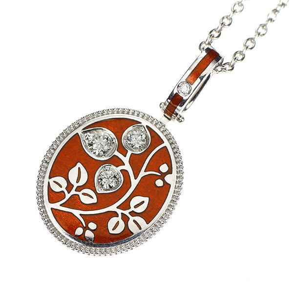 七宝ジュエリーShiki エナメル/ K18WG ダイヤモンド ペンダントネックレス 0.10ct リーフ 植物