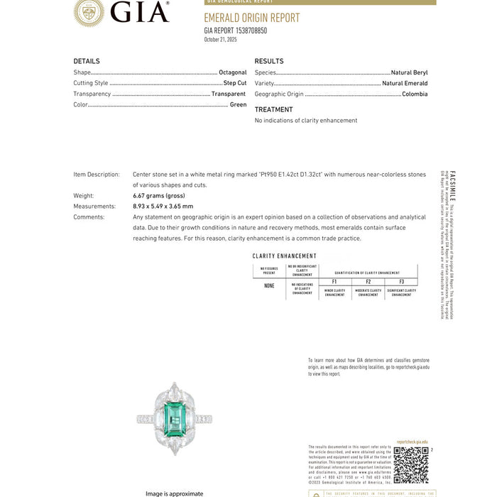 Pt950 コロンビア産ノンオイルエメラルド ダイヤモンド リング 1.42ct D1.32ct