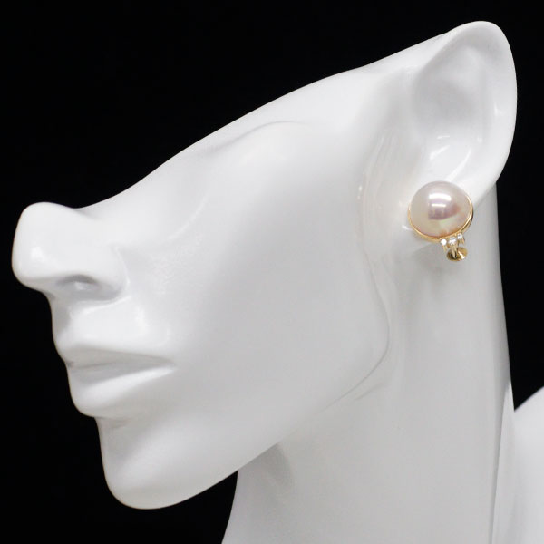 田崎真珠 K18YG マベパール ダイヤモンド イヤリング 径約14.2mm D0.16ct