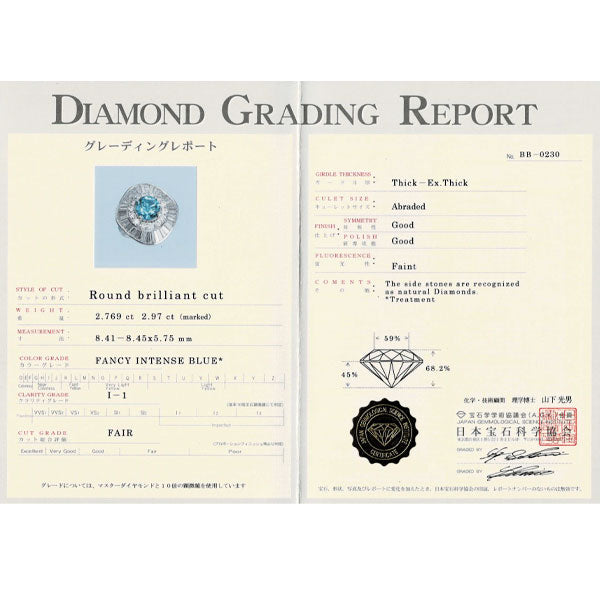 Pt900 トリートブルーダイヤモンド リング 2.769ct FIB I1 Fair D2.97ct