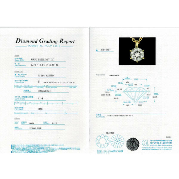K18YG ダイヤモンド ペンダントネックレス 0.214ct D SI1 G