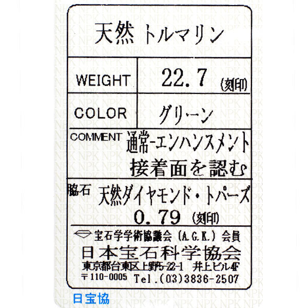 Pt900 グリーントルマリン/ブルートパーズ ダイヤモンド リング 22.7ct D0.79ct