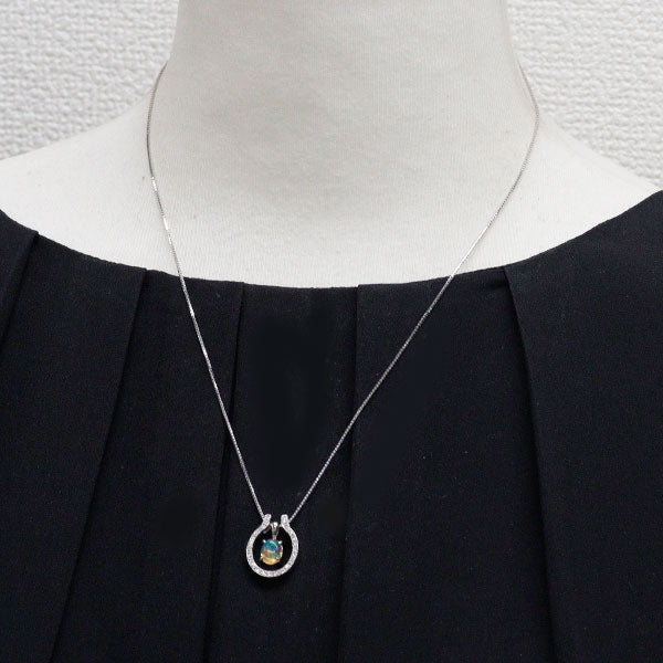 Pt900/K18WG オパール ダイヤモンド ペンダントネックレス 0.77ct D0.08ct