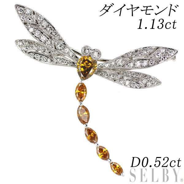 K18WG トリートイエローブラウン ダイヤモンド ブローチ 1.13 D0.52ct とんぼ