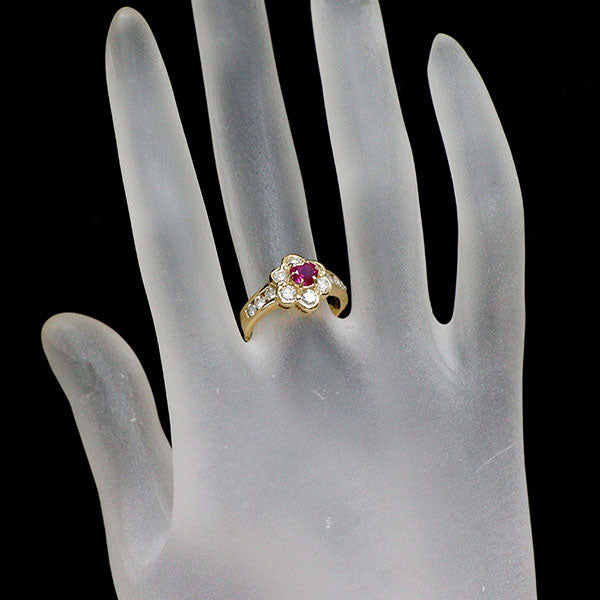 K18YG ハートシェイプ ルビー ダイヤモンド リング 0.45ct D0.90ct  フラワー