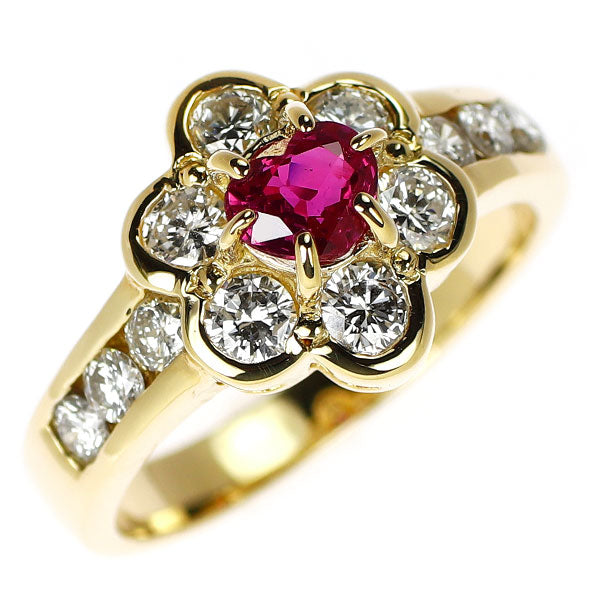 K18YG ハートシェイプ ルビー ダイヤモンド リング 0.45ct D0.90ct  フラワー